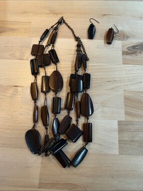 Handcrafted Dark Brown Multi-Strand Bead Necklace & Earrings